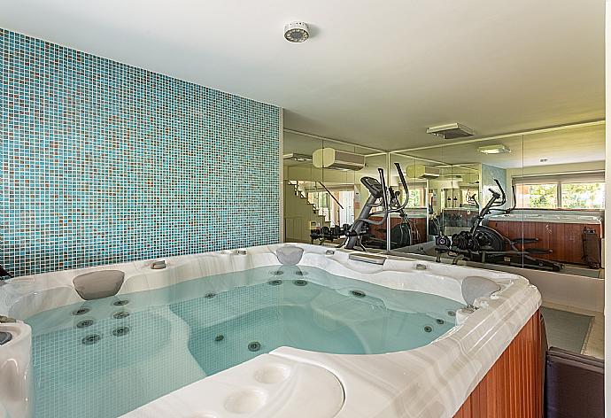 Living room on lower level with sofas, bar, jacuzzi, gym, and A/C . - Villa Galene . (Photo Gallery) }}