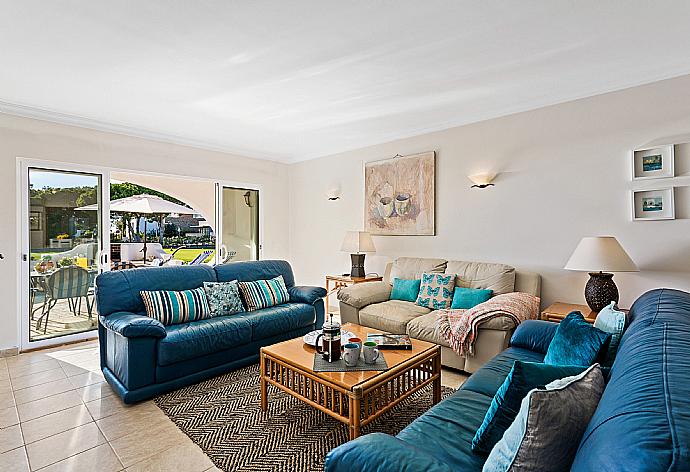 Open-plan living room with sofas, dining area, kitchen, A/C, WiFi internet, satellite TV, and DVD player . - Villa Oceano . (Fotogalerie) }}