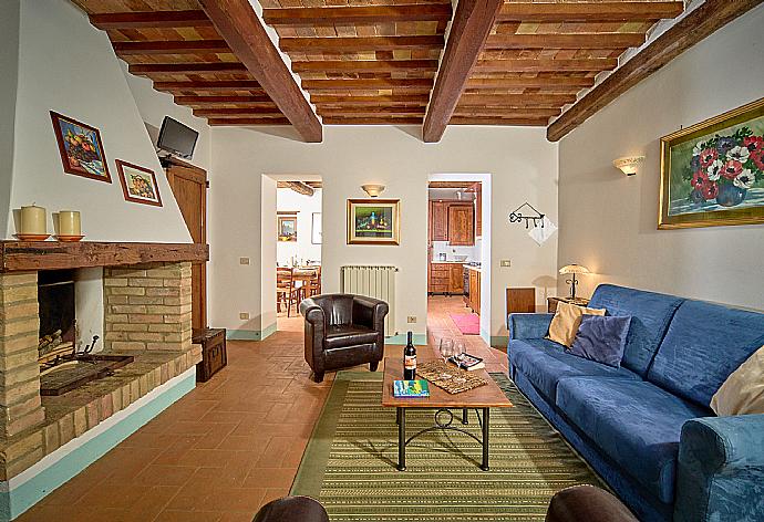 Living room with sofas, ornamental fireplace, WiFi internet, and satellite TV . - Casale Donatelli . (Galerie de photos) }}