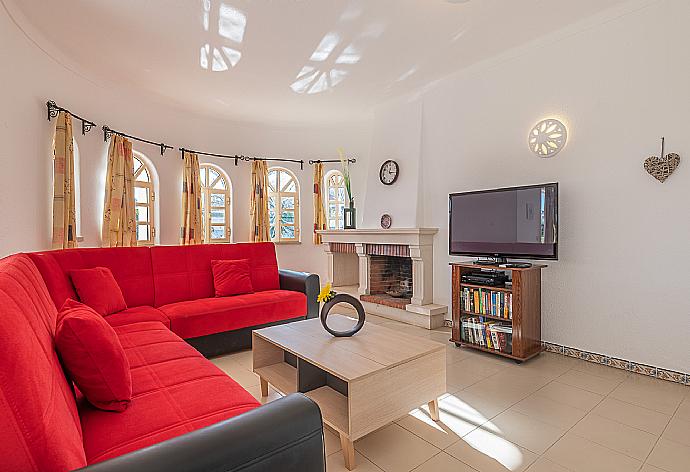 Living room with comfortable sofa, TV and ornamental fire place . - Villa Natalia . (Galerie de photos) }}