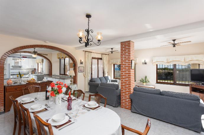 Open-plan living room with sofas, dining area, kitchen, ornamental fireplace, A/C, WiFi internet, satellite TV, and sea views . - Villa Alta Vista . (Fotogalerie) }}