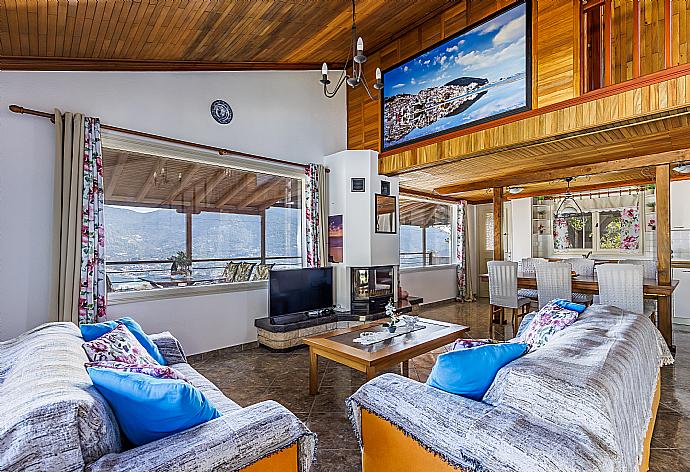 ,Open plan living room with A/C, ornamental fireplace and TV . - Villa Aloupi . (Galerie de photos) }}