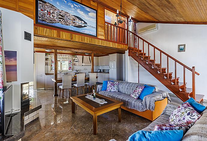 Open plan living room with A/C, ornamental fireplace and TV . - Villa Aloupi . (Galleria fotografica) }}