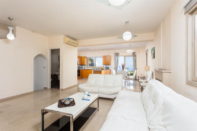 Open-plan living room with sofas, dining area, kitchen, ornamental fireplace, A/C, WiFi internet, and satellite TV . - Villa Panorama Tessera . (Photo Gallery) }}