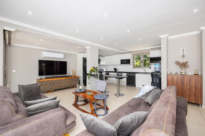 Open-plan living room with sofas, dining area, kitchen, A/C, WiFi internet, and satellite TV . - Villa Moderno B . (Photo Gallery) }}