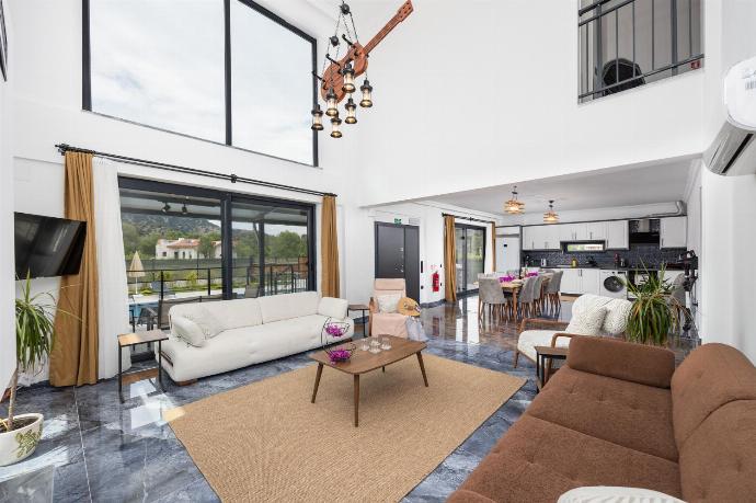 Open-plan living room with sofas, dining area, kitchen, ornamental fireplace, A/C, WiFi internet, and satellite TV . - Villa Wonder . (Photo Gallery) }}