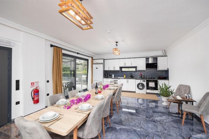 Open-plan living room with sofas, dining area, kitchen, ornamental fireplace, A/C, WiFi internet, and satellite TV . - Villa Wonder . (Photo Gallery) }}
