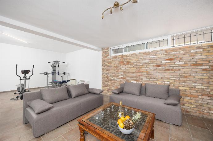Open-plan living room on ground floor with sofas, dining area, bar area, ornamental fireplace, gym area, WiFi internet, and satellite TV . - Villa Noulia . (Photo Gallery) }}