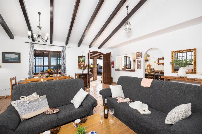 Open-plan living room with sofas, dining area, kitchen, ornamental fireplace, A/C, WiFi internet, and satellite TV . - Villa Baena . (Photo Gallery) }}