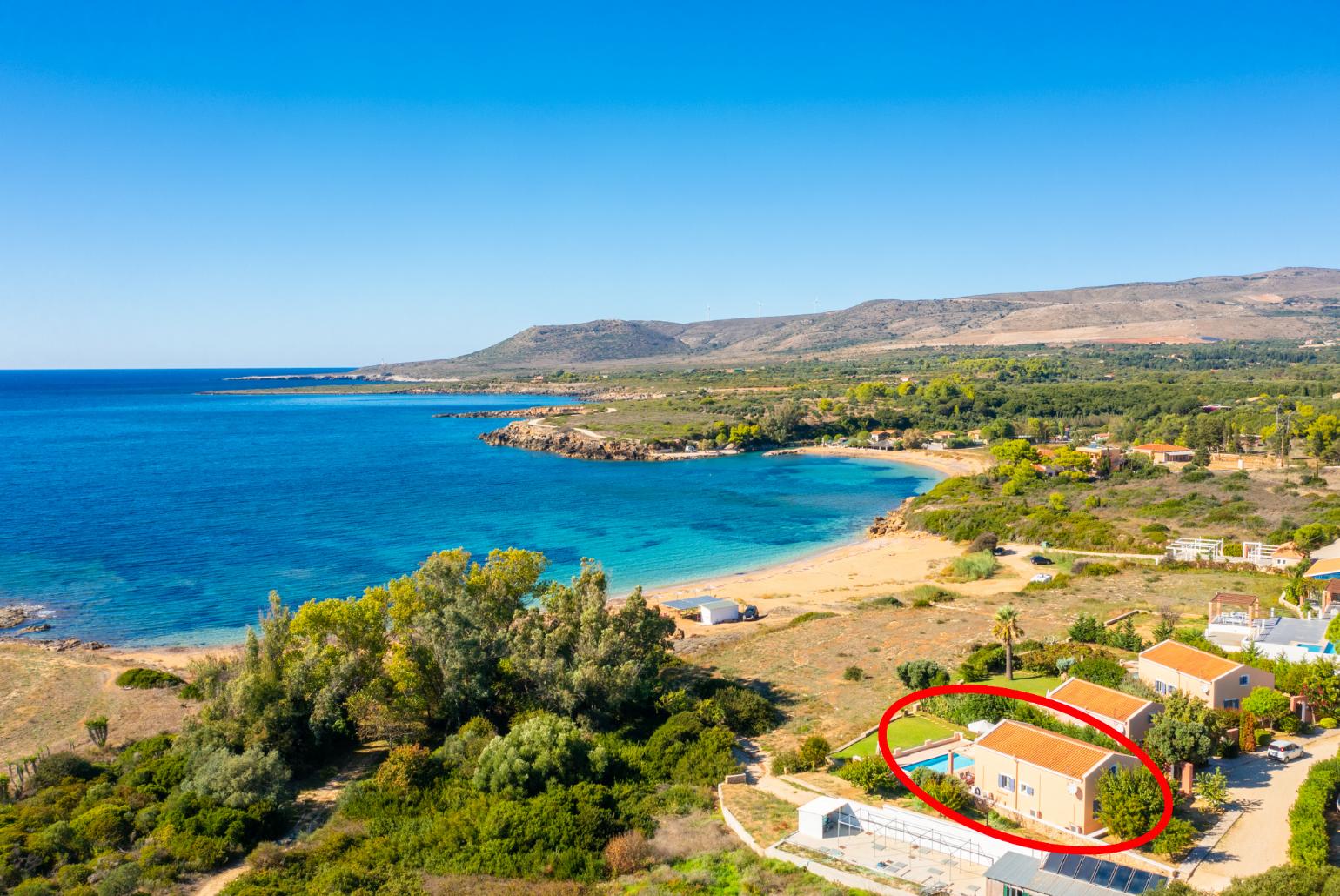 Aerial view showing location of Antigoni Beach House
