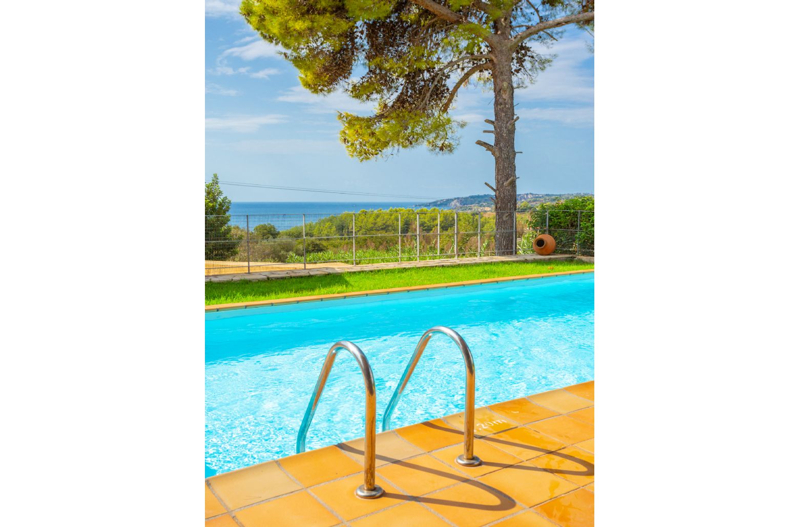 Private pool, terrace, and garden with sea views