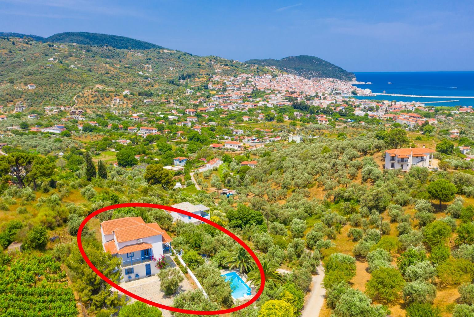 Aerial view showing location of Villa Ourania