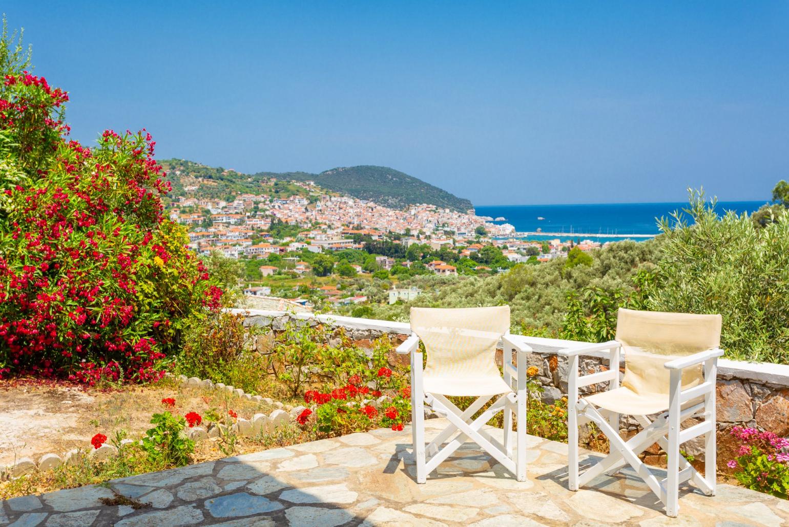 Terrace with panoramic views of sea and Skopelos Town