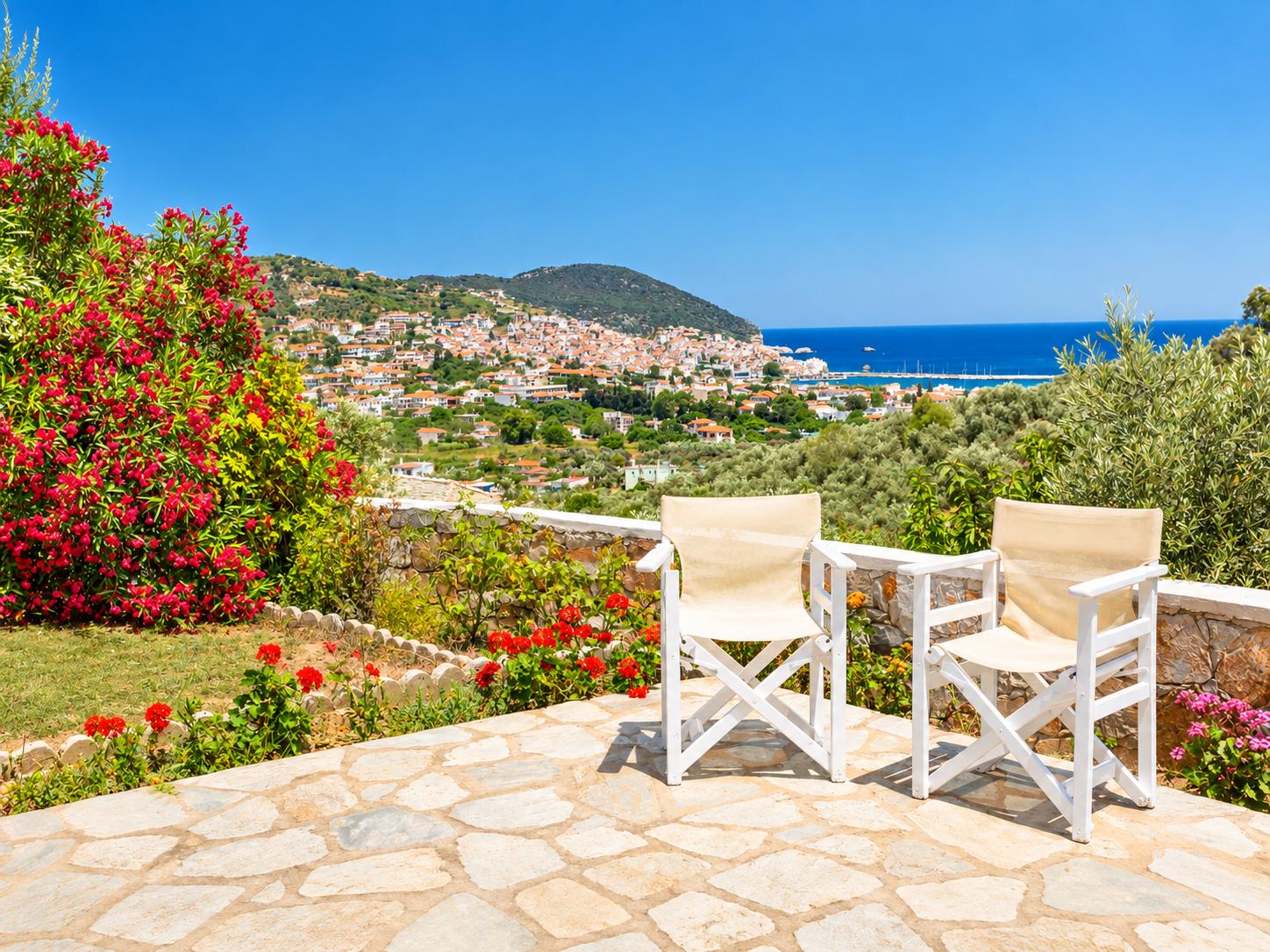 Terrace with panoramic views of sea and Skopelos Town
