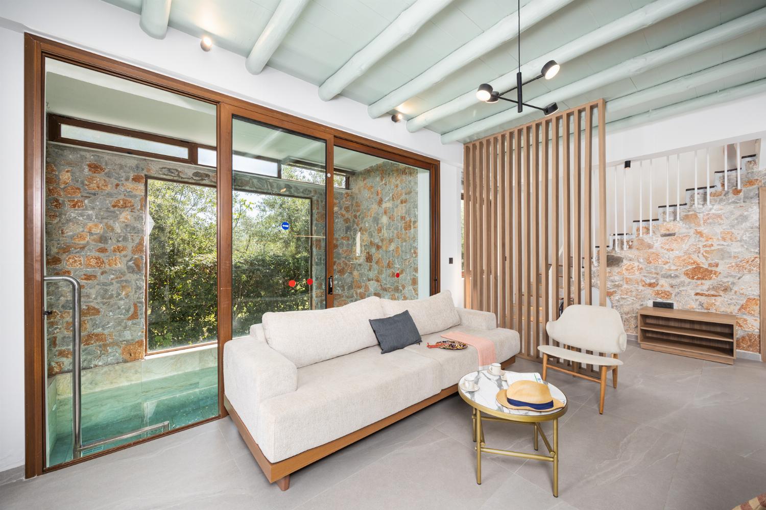 Open-plan living room with sofa, dining area, kitchen, indoor pool, ornamental fireplace, A/C, WiFi internet, and satellite TV