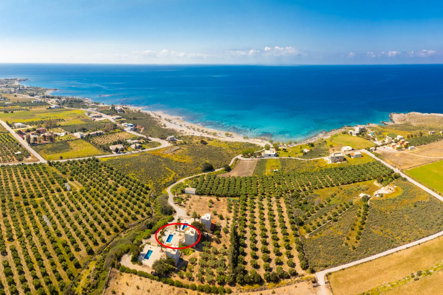 Aerial view showing location of villa