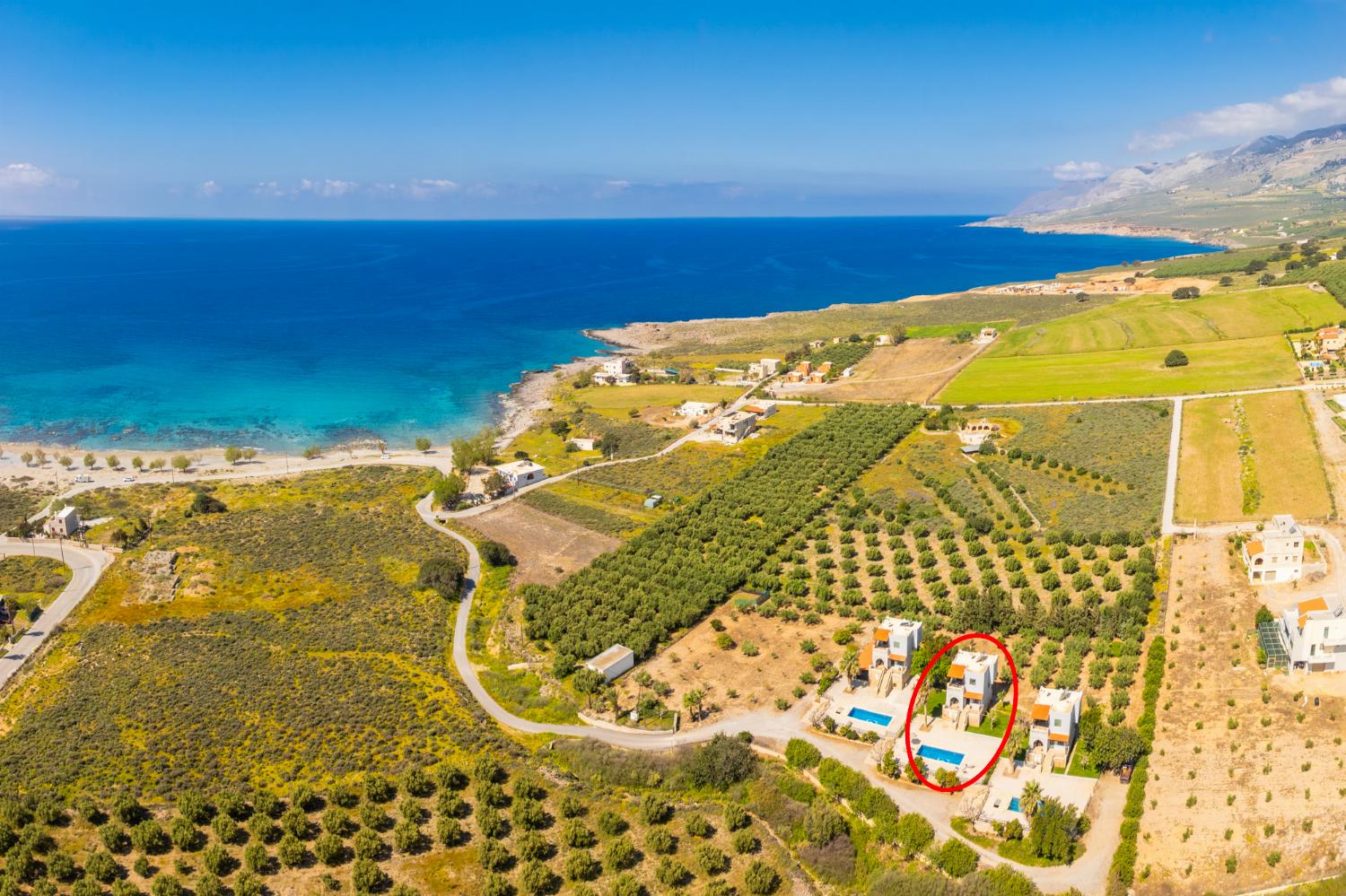 Aerial view showing location of villa
