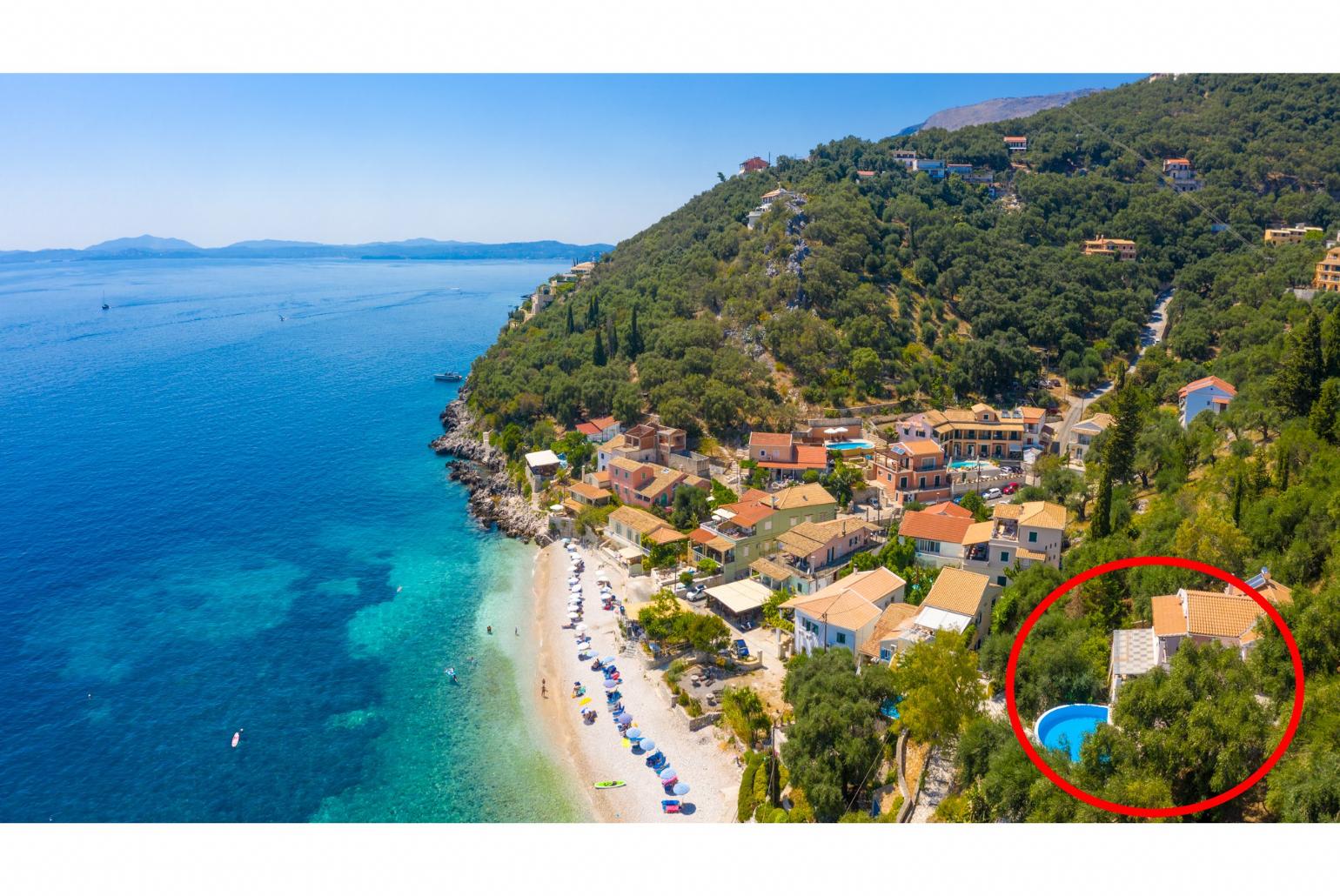 Aerial view of Kaminaki Beach showing location of Villa Petros