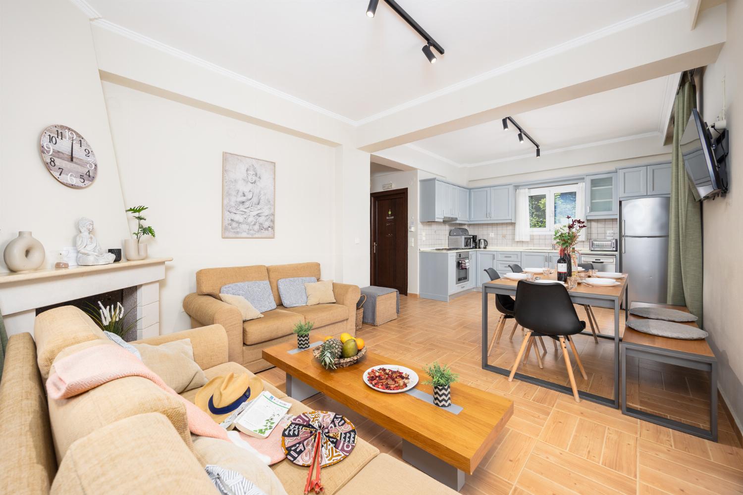 Open-plan living room with sofas, dining area, kitchen, ornamental fireplace, WiFi internet, and satellite TV