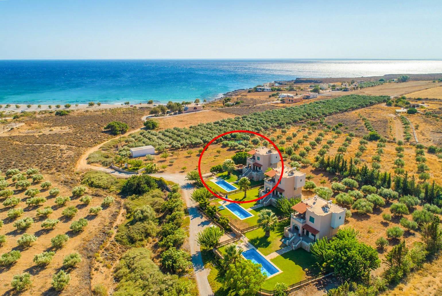 Aerial view showing location of Theo Beach Villa