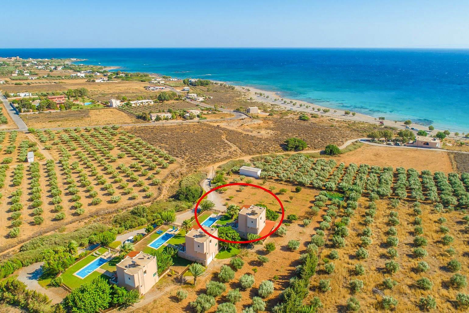 Aerial view showing location of Theo Beach Villa