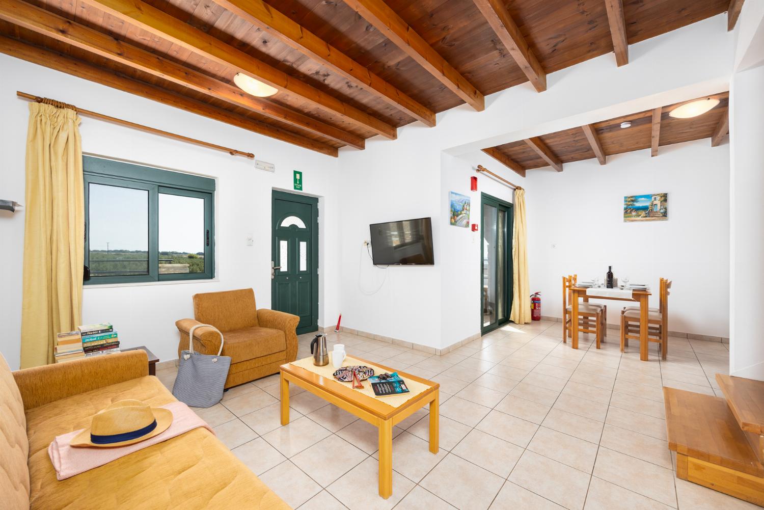 Upper unit: open-plan living room with sofa, dining area, kitchen, A/C, WiFi internet, and satellite TV