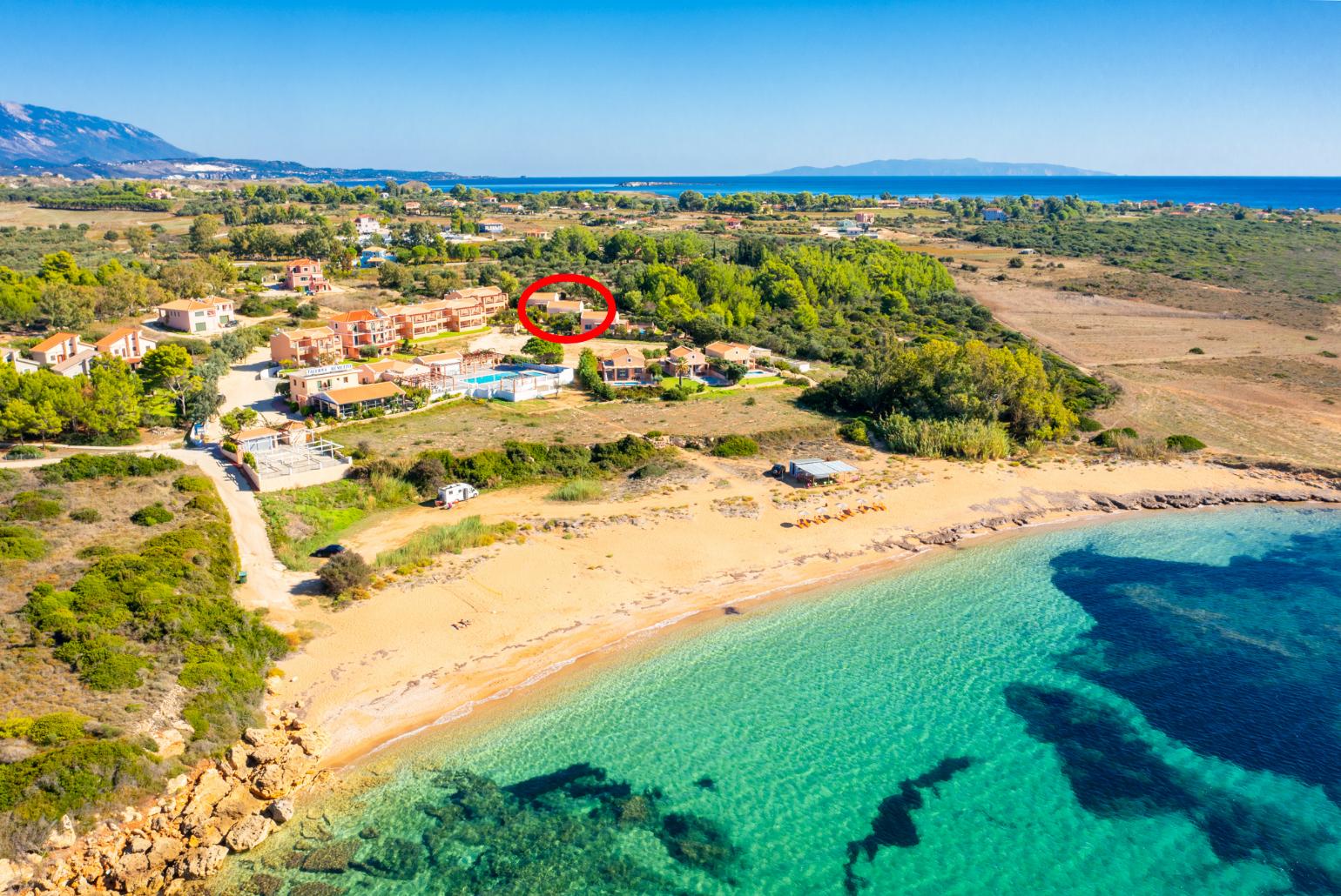 Aerial view showing location of Nafsika Beach House