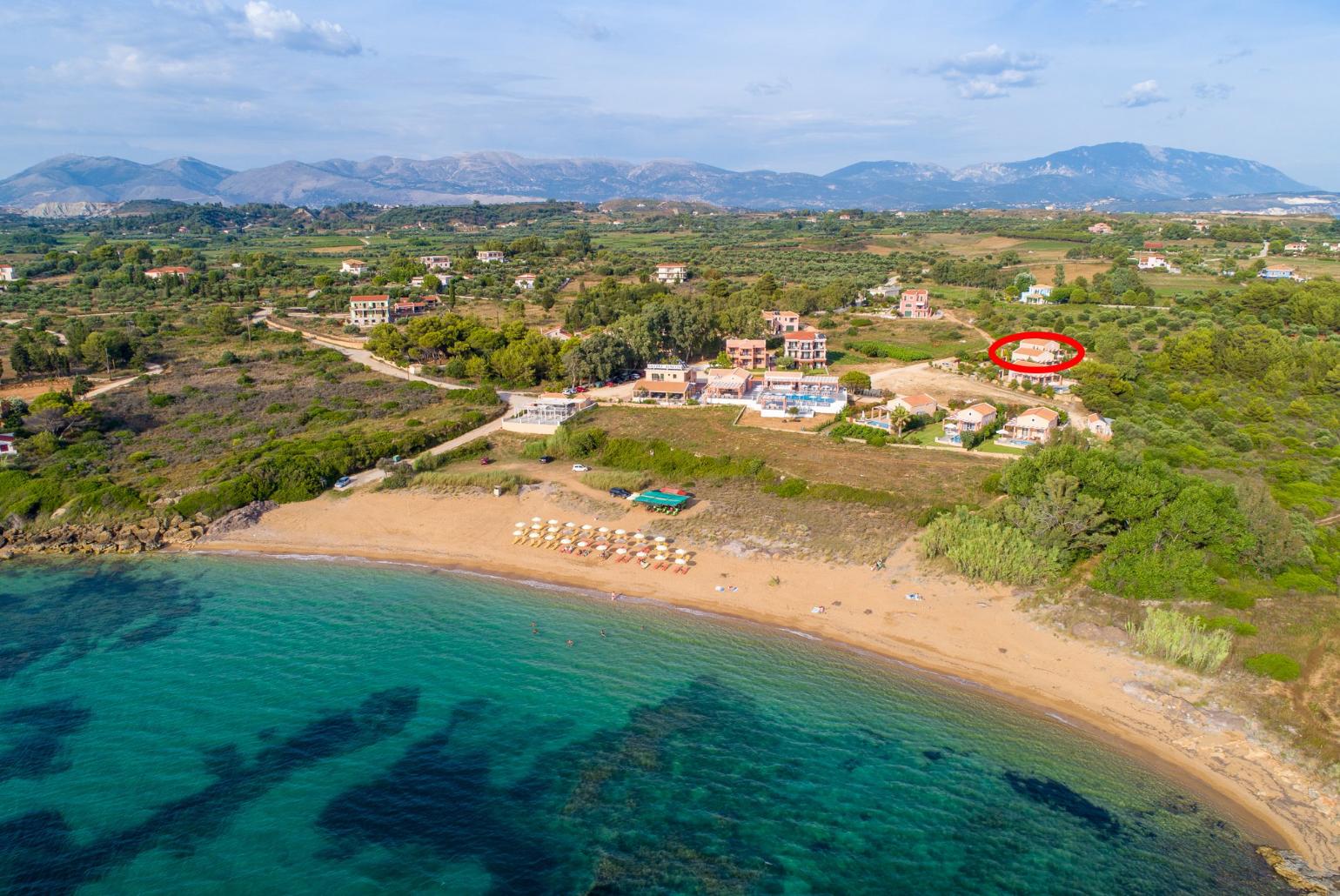 Aerial view of Vrahinari Beach showing location of Nafsika Beach House