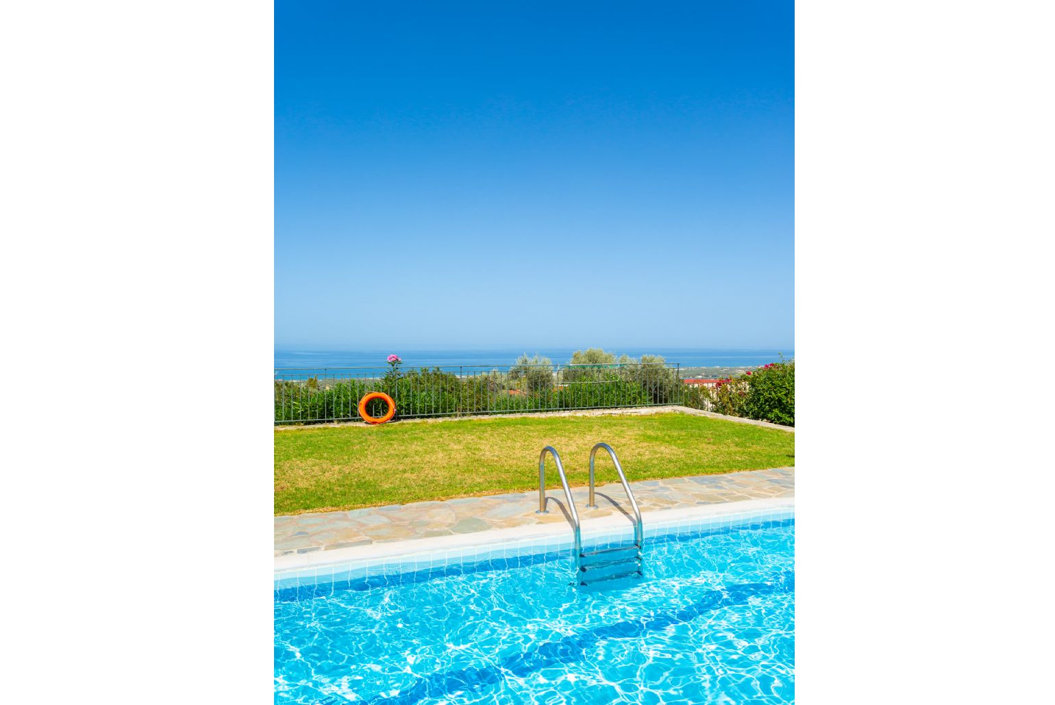 Private pool, terrace, and garden with panoramic sea views