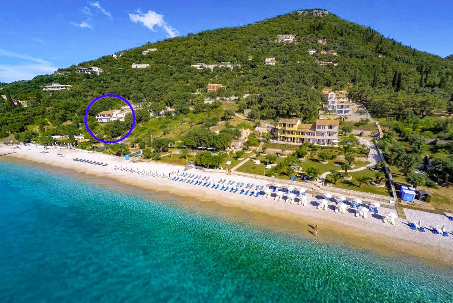 Aerial view of Krouzeri Beach showing location of Villa Kerkyroula
