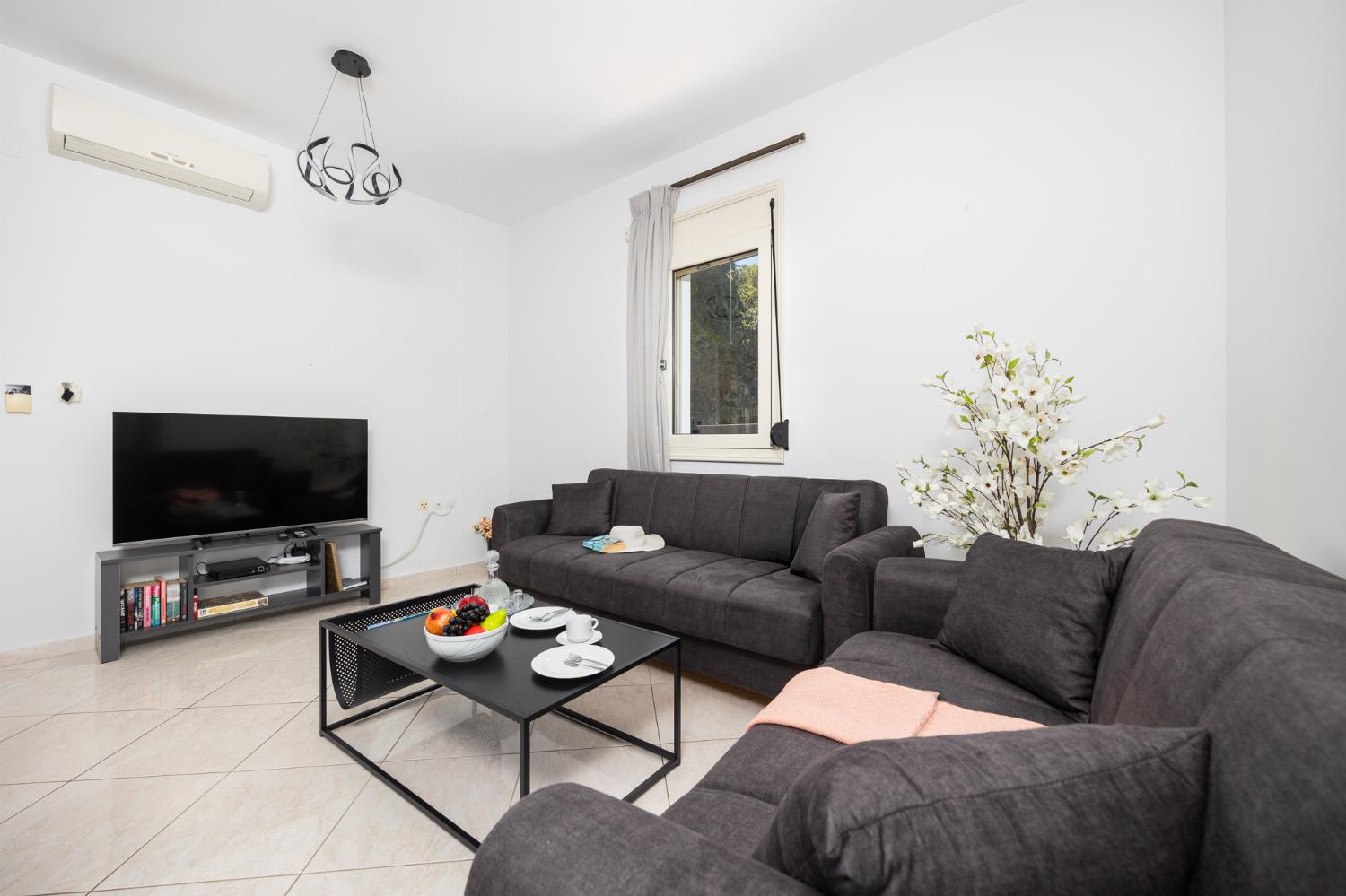 Open-plan living room with sofas, dining area, kitchen, A/C, WiFi internet, and satellite TV