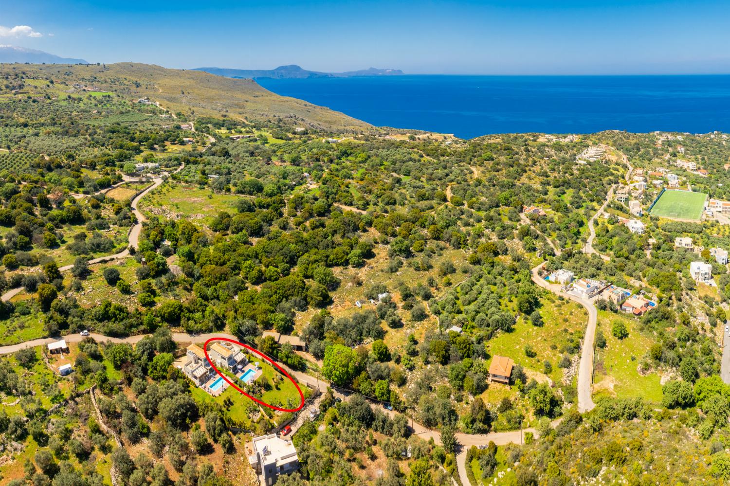 Aerial view showing location of villa