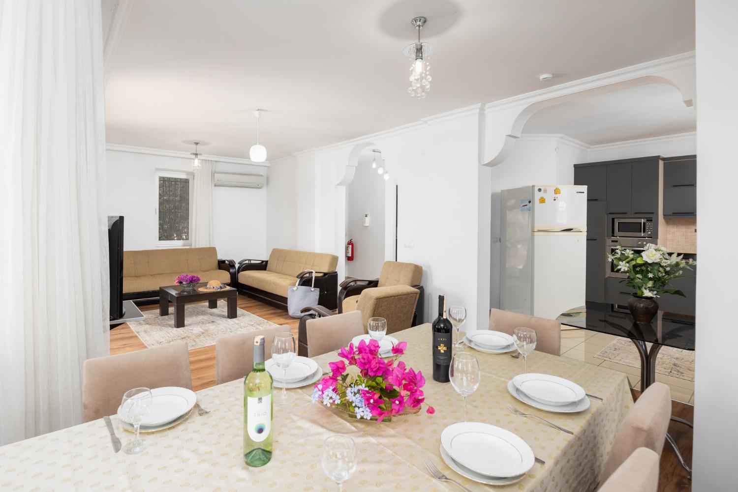 Open-plan living room with sofas, dining area, kitchen, A/C, WiFi internet, satellite TV, and sea views
