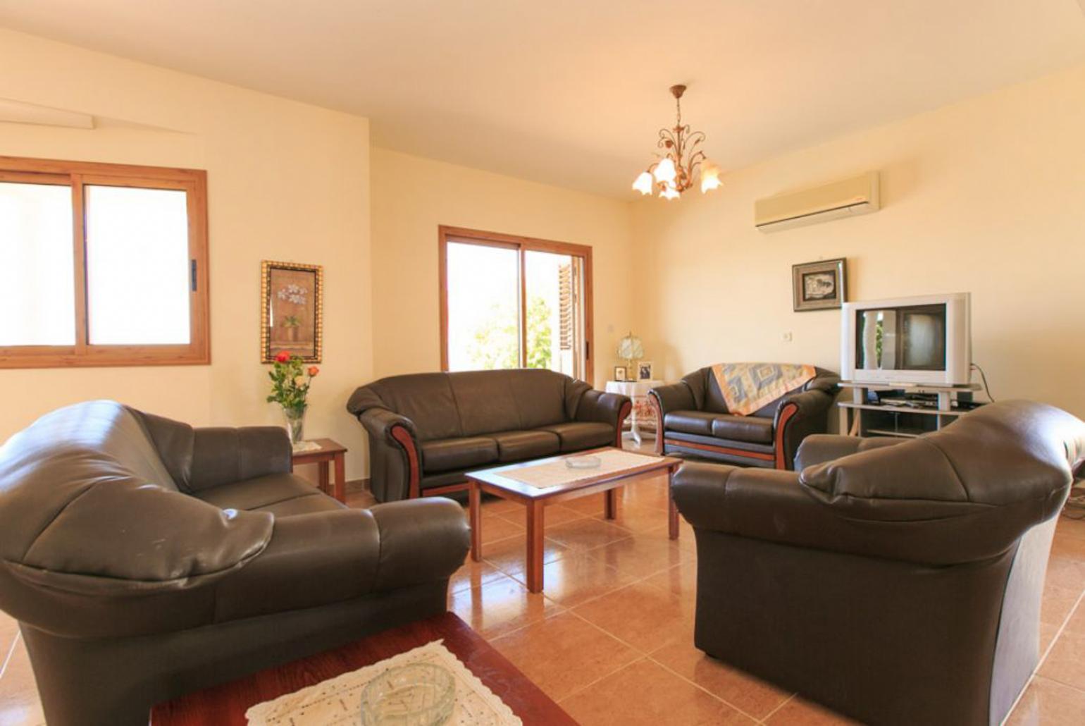 Open-plan living room with sofas, dining area, kitchen, ornamental fireplace, A/C, WiFi internet, satellite TV, DVD player, and terrace access