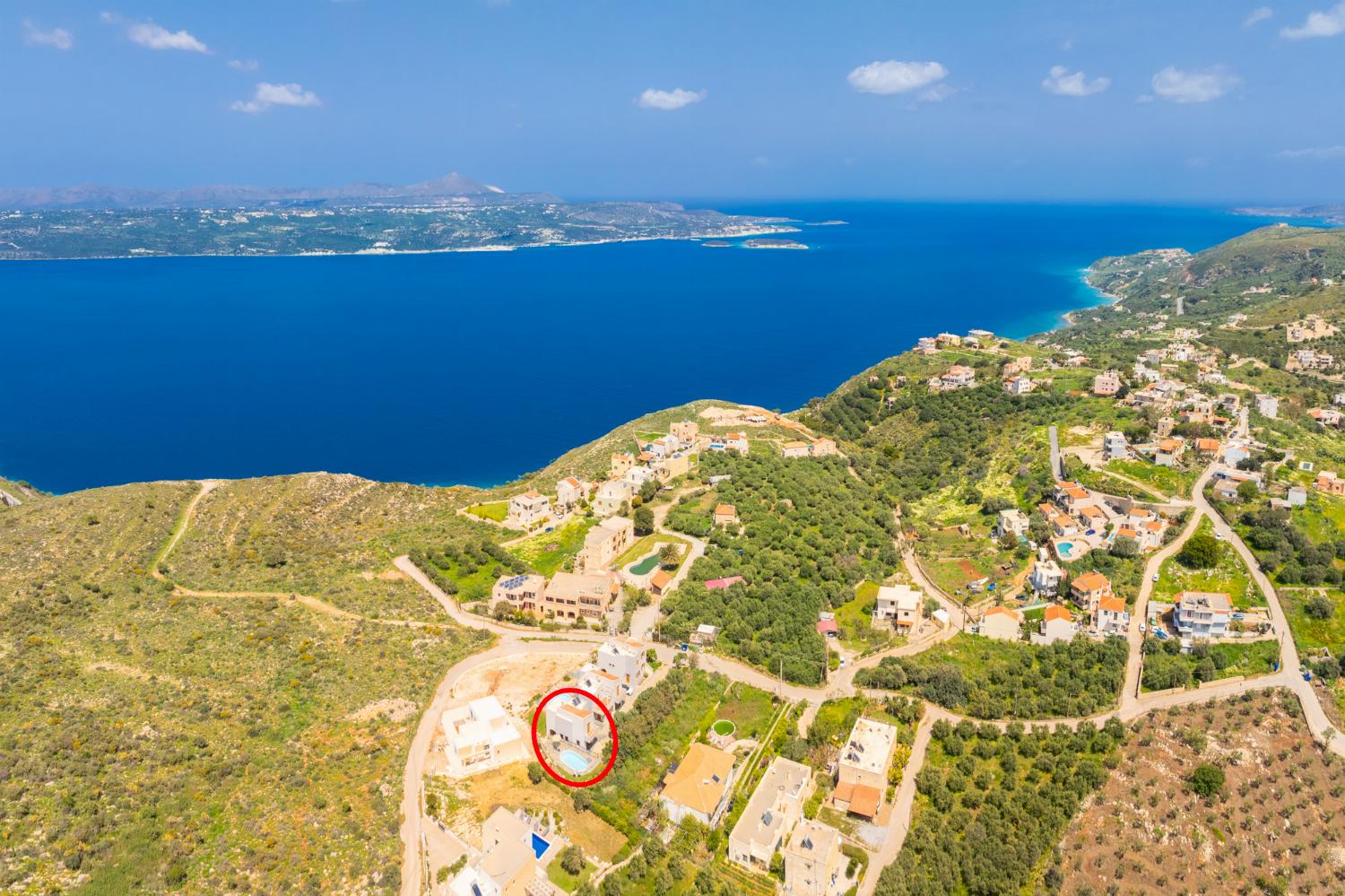 Aerial view showing location of villa