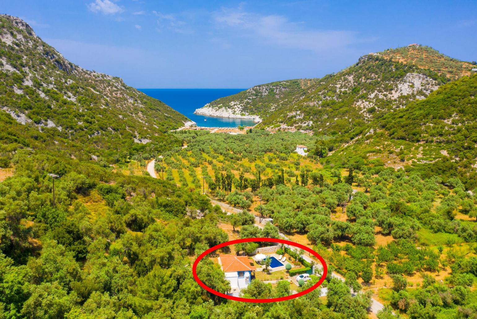 Aerial view towards Glysteri Beach showing location of Villa Glysteri