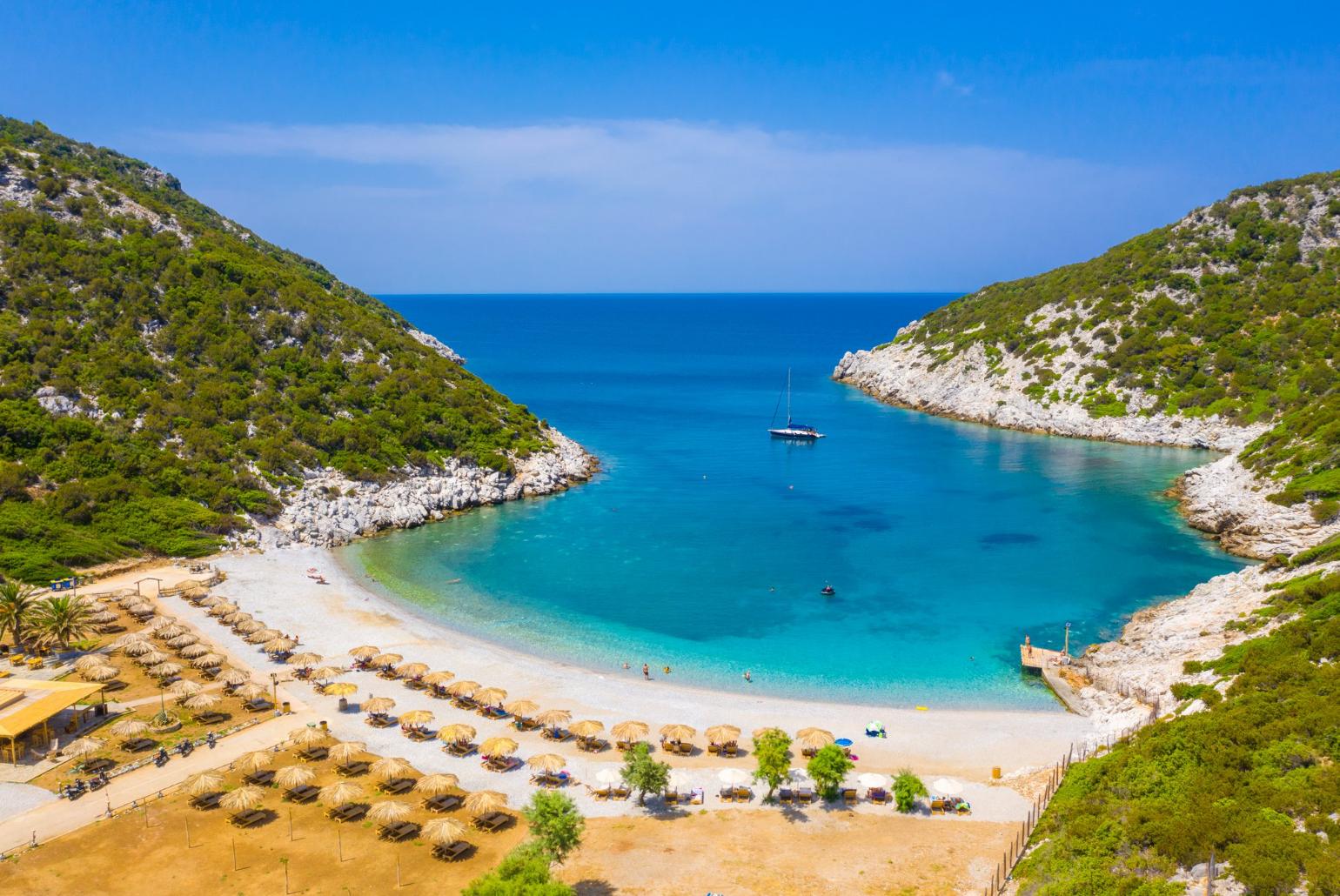 Aerial view of Glysteri Beach - only a 7 minute walk from Villa Glysteri