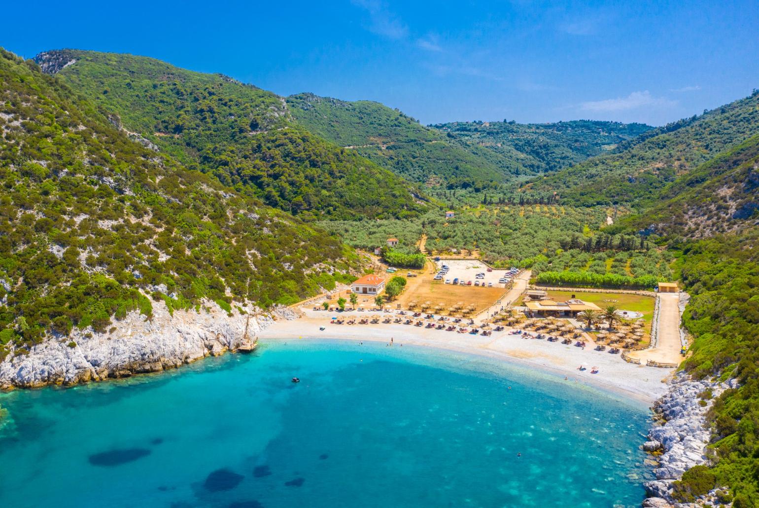 Aerial view of Glysteri Beach - only a 7 minute walk from Villa Glysteri