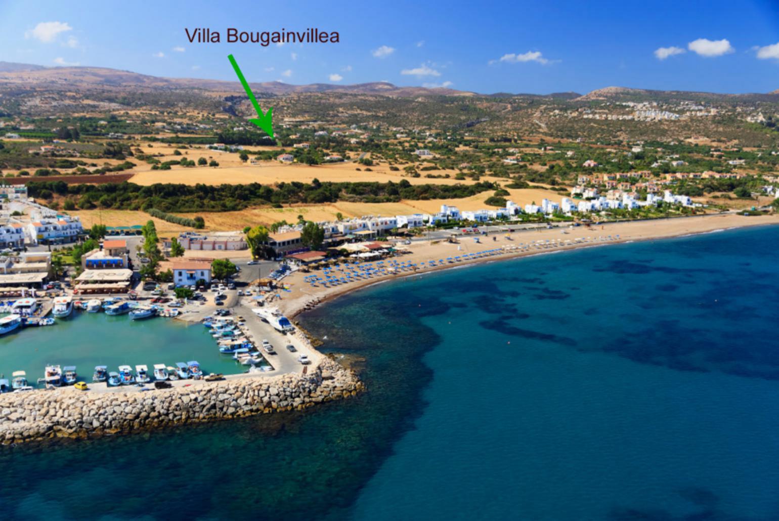 Aerial view of Latchi showing location of Villa Bougainvillea