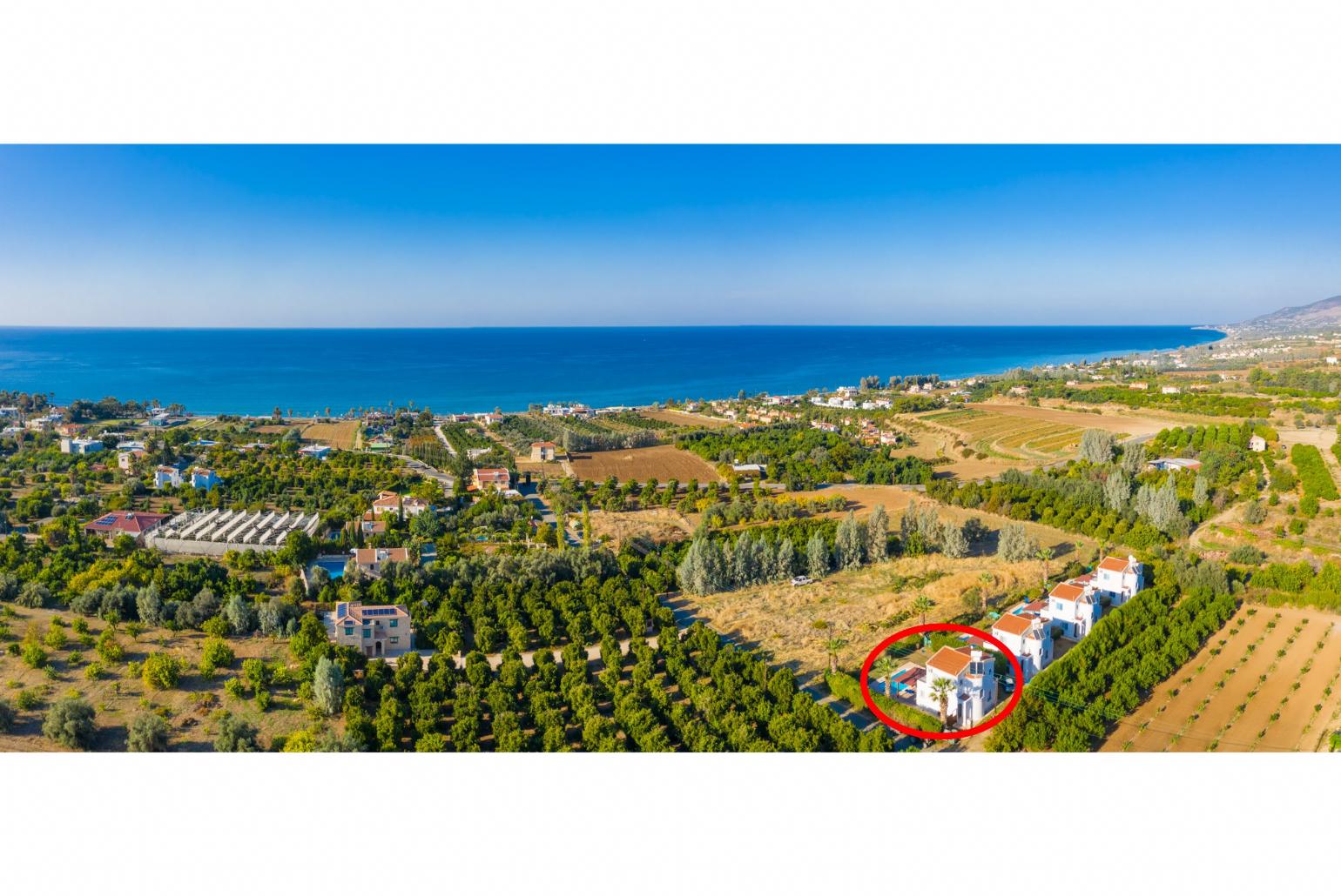 Aerial view showing location of Argaka Sun Villa Ena