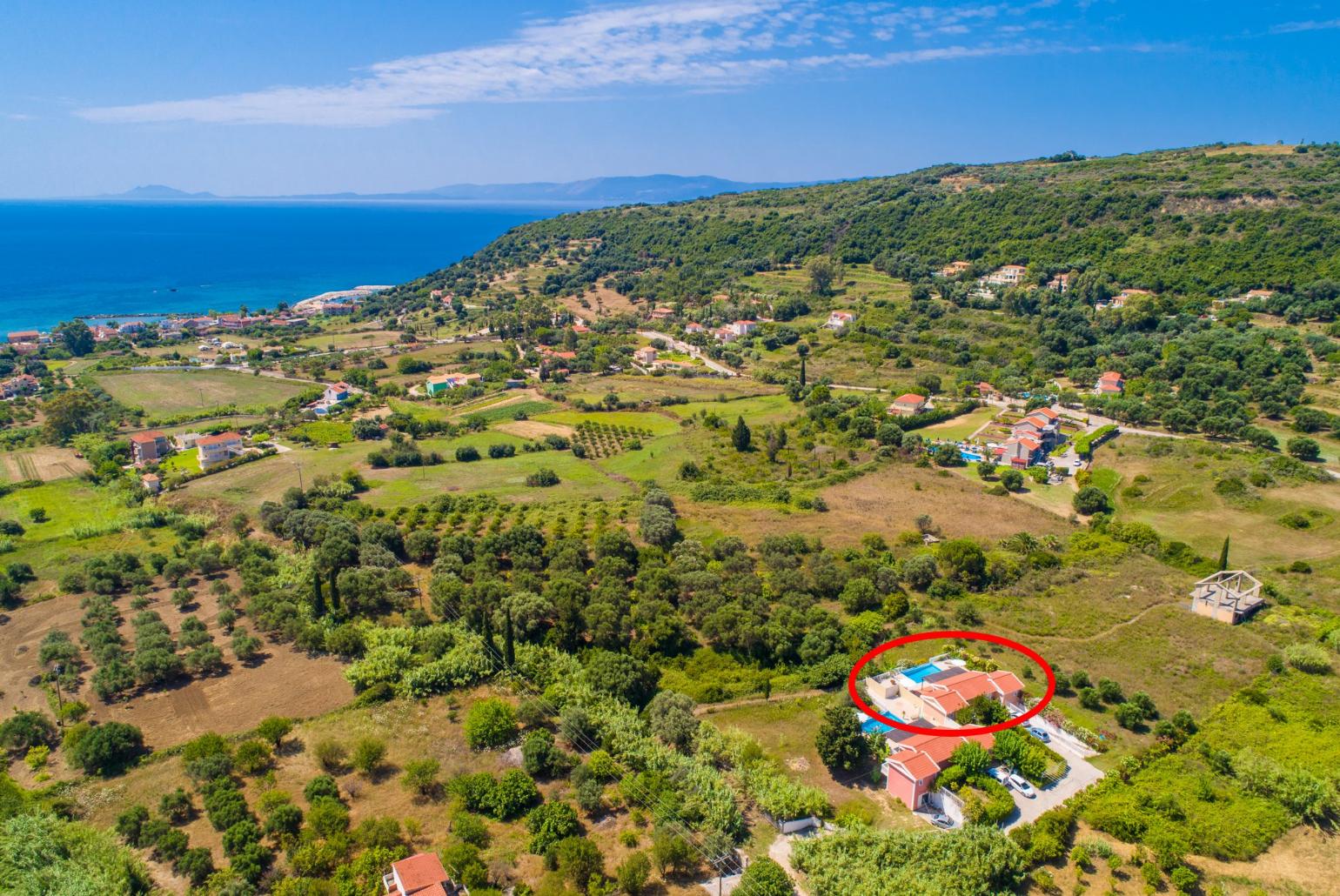 Aerial view showing location of Villa Peach