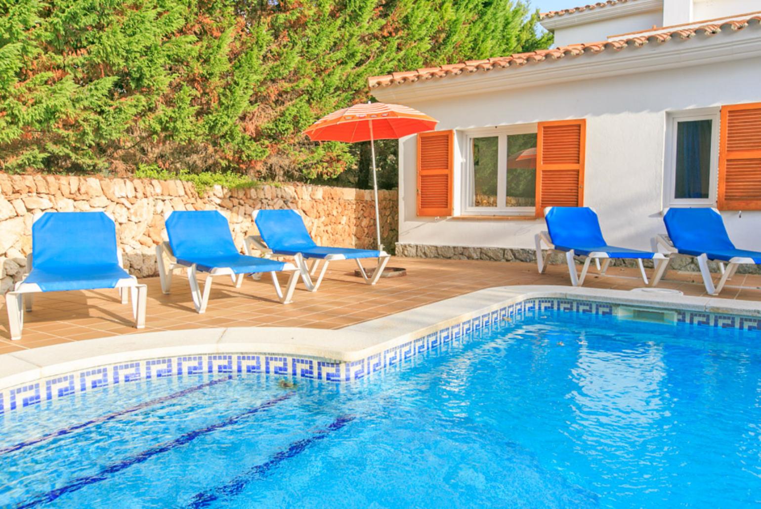 Swimming pool with sun loungers