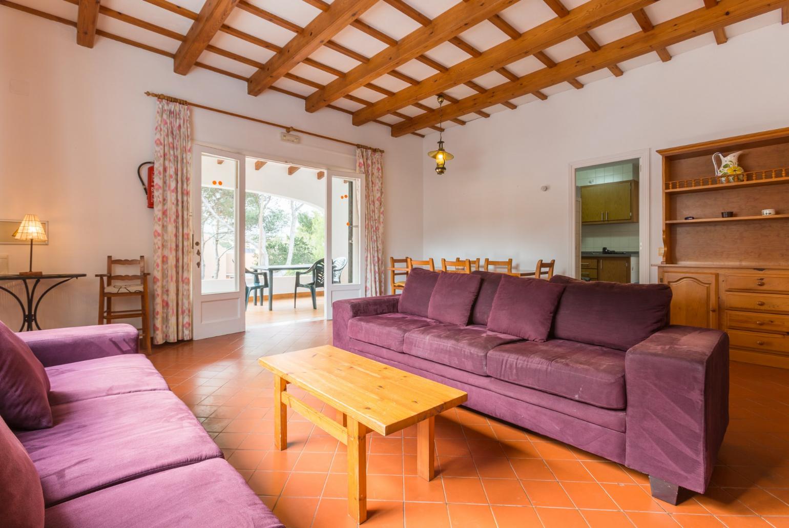 Living room with sofas, WiFi Internet, DVD player and ornamental fire place.