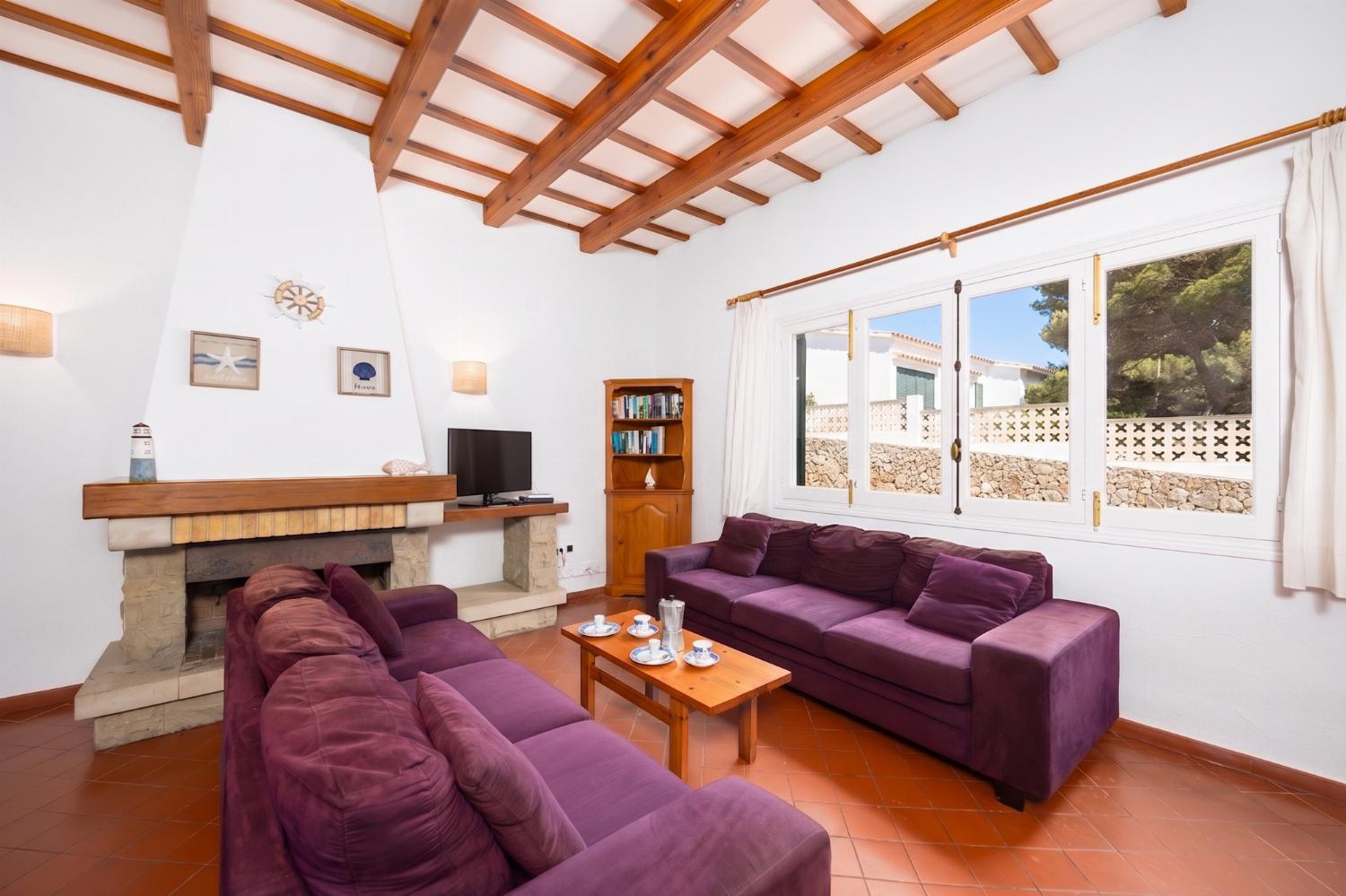 Living room with sofas, dining area, ornamental fireplace, WiFi internet, and satellite TV