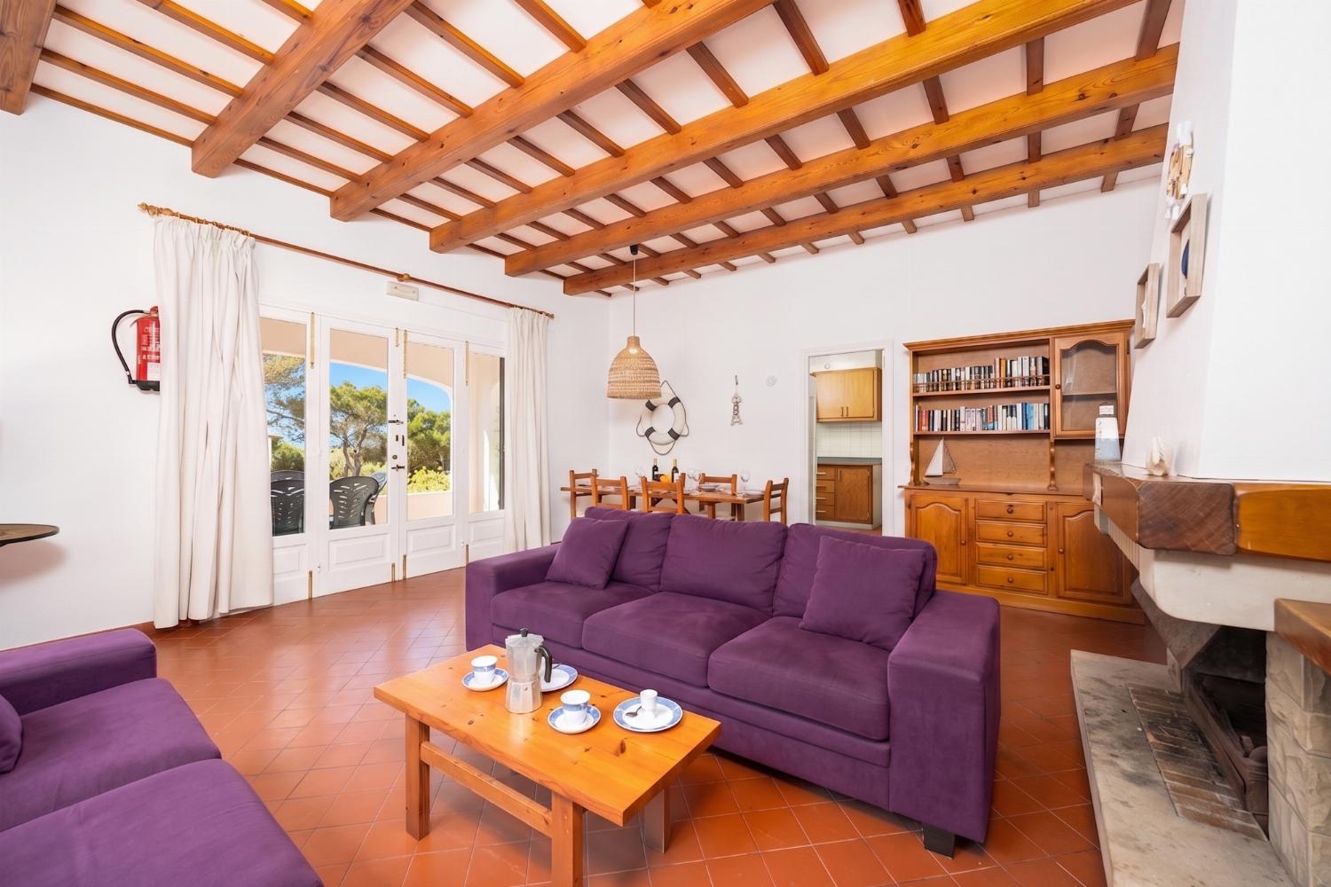 Living room with sofas, dining area, ornamental fireplace, WiFi internet, and satellite TV