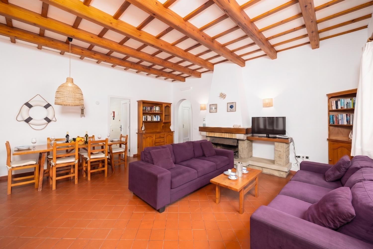 Living room with sofas, dining area, ornamental fireplace, WiFi internet, and satellite TV