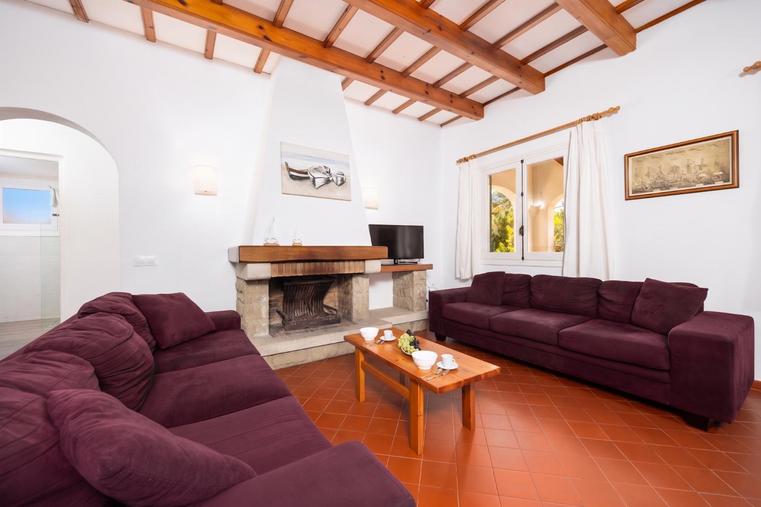 Living room with sofas, dining area, ornamental fireplace, WiFi internet, and satellite TV