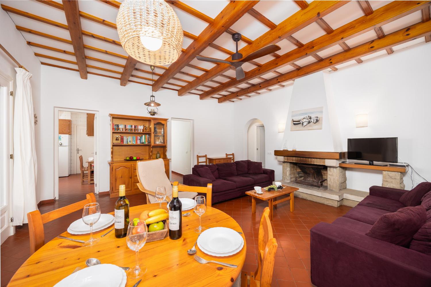 Living room with sofas, dining area, ornamental fireplace, WiFi internet, and satellite TV