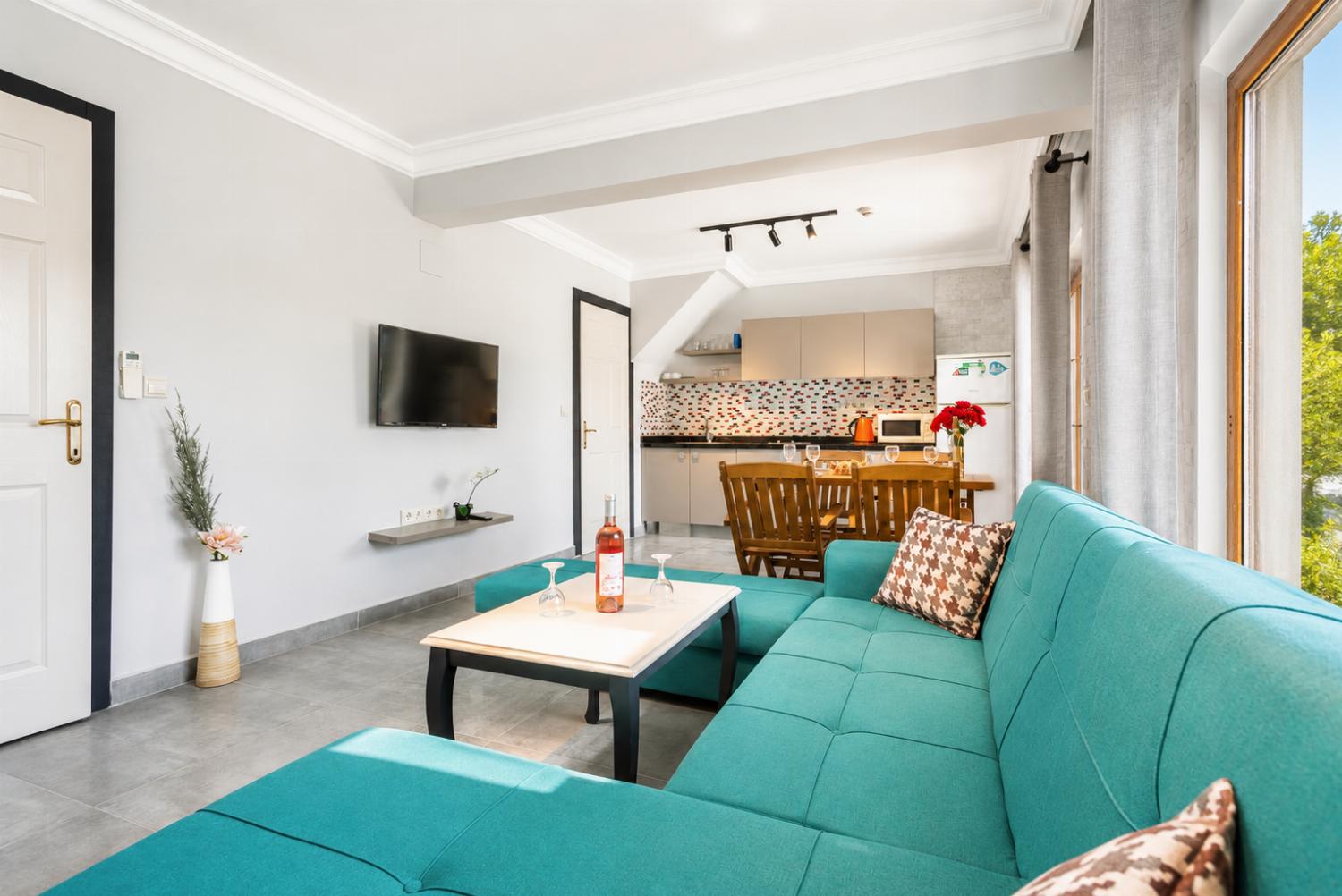 Open-plan living room with sofas, dining area, kitchen, A/C, WiFi internet, satellite TV, and terrace access