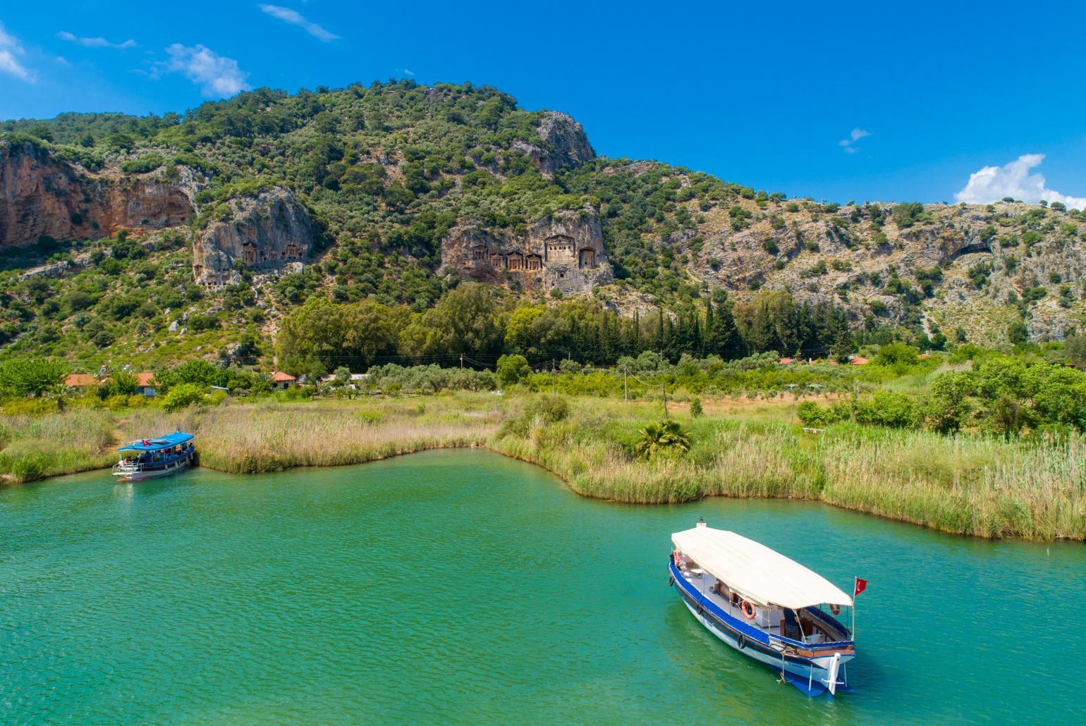 View of ancient Lycian rock tombs from the Dalyan river